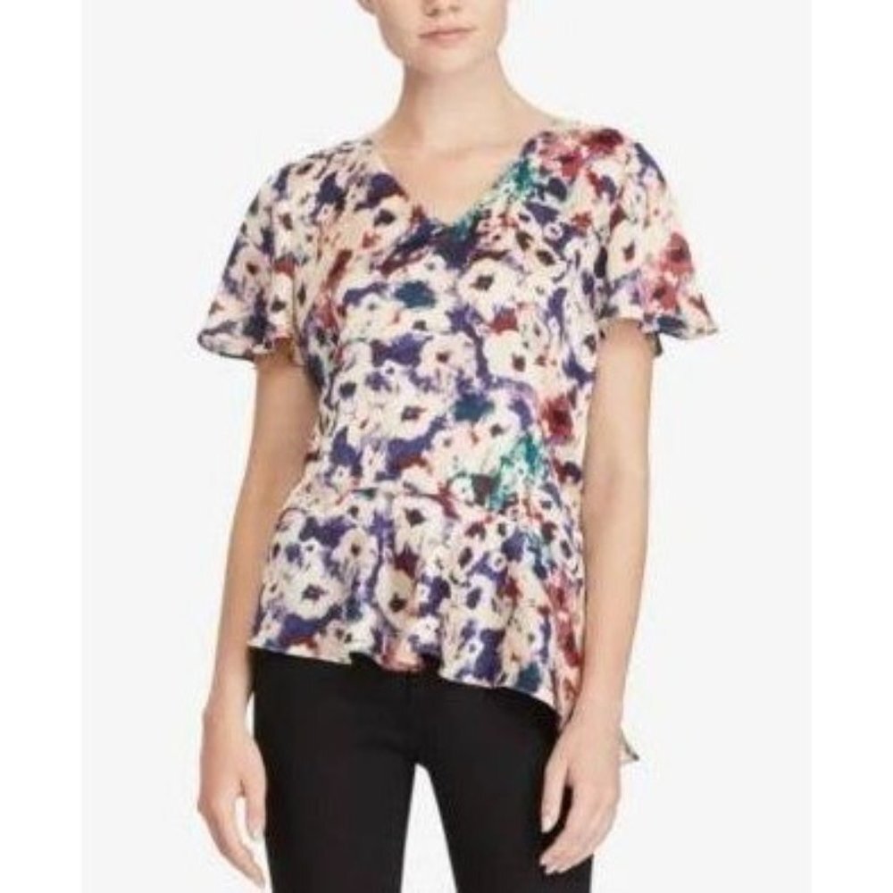 Lauren Ralph Lauren Womens XL Pink Purple Torinse Flutter Sleeve Peplum Blouse